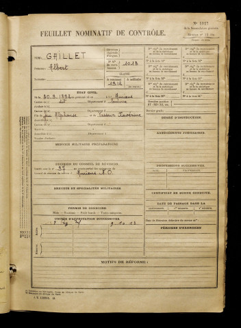 Gaillet, Albert, né le 30 septembre 1892 à Amiens (Somme), classe 1912, matricule n° 1013, Bureau de recrutement d'Amiens