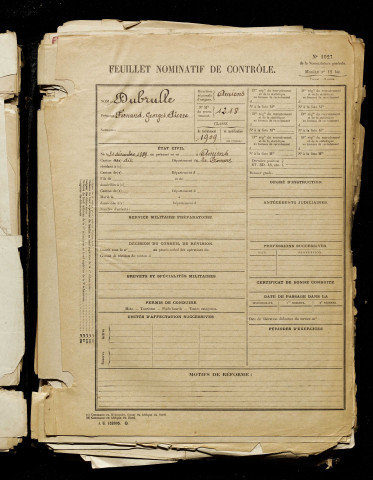 Dubrulle, Fernand Georges Pierre, né le 31 décembre 1889 à Amiens (Somme), classe 1909, matricule n° 1218, Bureau de recrutement d'Amiens
