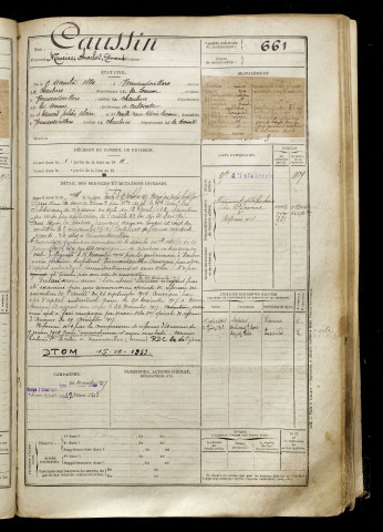 Caussin, Maurice Charles Edmond, né le 09 décembre 1890 à Vermandovillers (Somme), classe 1910, matricule n° 661, Bureau de recrutement de Péronne