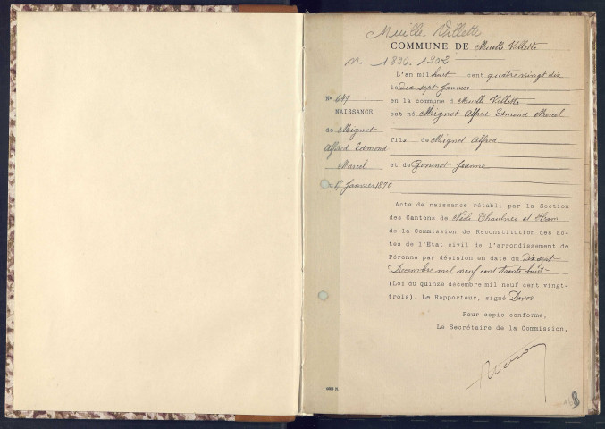 Muille-Villette (actes reconstitués - lacunes possibles) : naissances (1890-1902)