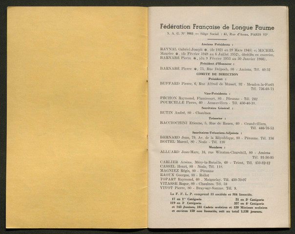 Opuscule (année 1972). Fédération française de Longue Paume : classement des joueurs. Le flambeau de la paume symbole de la pérennité