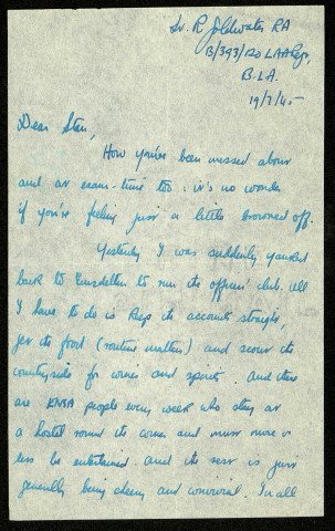 Lt R. Goldwater, B/393/120 L.A.A. Regt (Light Anti-Aircraft Artillery Regiment), B.L.A. (British Liberation Army), 19/7/45 : lettre de Raymond Goldwater à son frère Stan