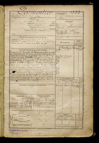 Parmentier, Joseph Gabriel Maurice, né le 19 septembre 1897 à Pendé (Somme), classe 1917, matricule n° 1553, Bureau de recrutement d'Abbeville