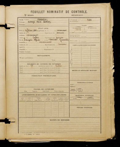François, Alfred Félix Georges, né le 04 février 1898 à Hénencourt (Somme), classe 1918, matricule n° 230, Bureau de recrutement d'Amiens