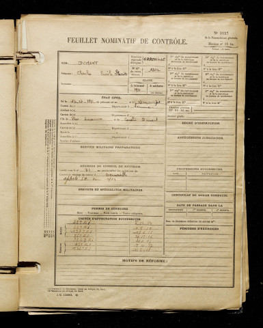 Dumont, Charles Emile Placide, né le 13 décembre 1891 à Brucamps (Somme), classe 1911, matricule n° 1302, Bureau de recrutement d'Abbeville