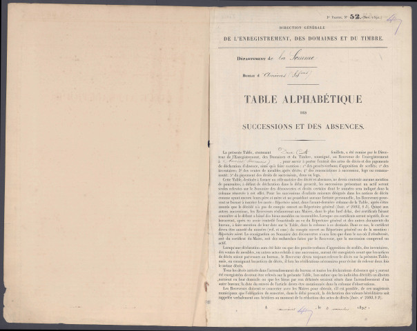 Table des successions et absences du bureau d'Amiens