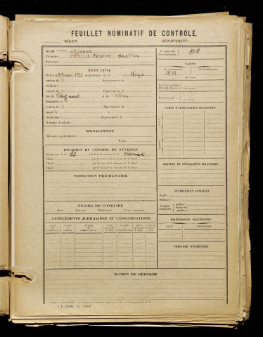 Lejeune, Camille Eugène Gaston, né le 18 janvier 1898 à Mazis (Le) (Somme), classe 1918, matricule n° 328, Bureau de recrutement d'Amiens