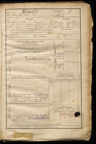 Watelet, Louis Jules Ernest, né le 16 avril 1866 à Becquigny (Somme), classe 1886, matricule n° 5, Bureau de recrutement de Péronne