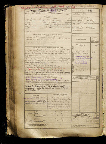 Chopin, Jules Hector, né le 05 mai 1897 à Ytres (Pas-de-Calais), classe 1917, matricule n° 798, Bureau de recrutement de Péronne