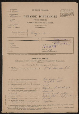 Cléry-sur-Somme. Demande d'indemnisation des dommages de guerre : dossier Boré-Morel