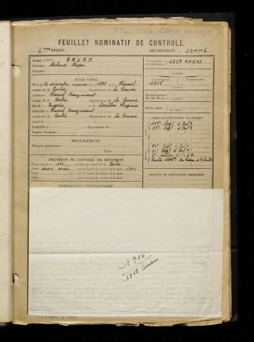 Rayan, Roland Roger, né le 26 décembre 1896 à Hamel (Le) (Somme), classe 1916, matricule n° 1517, Bureau de recrutement d'Amiens