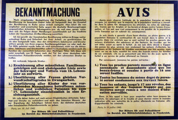 Guerre 1939-1945. Affiche annonçant la répression contre les actes de sabotage