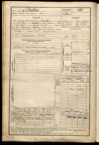 Dubus, Charles André Eugène, né le 30 novembre 1874 à Fouilloy (Somme), classe 1894, matricule n° 150, Bureau de recrutement d'Amiens