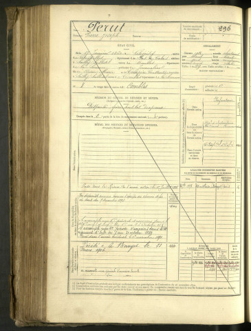 Pérut, Pierre Joseph, né le 17 janvier 1860 à Chérisy (Pas-de-Calais, France), classe 1880, matricule n° 296, Bureau de recrutement de Péronne