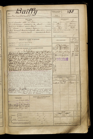 Bailly, Marie Vincent de Paul Emmanuel Paul, né le 14 novembre 1888 à Paris 6e Arrondissement (Paris), classe 1908, matricule n° 155, Bureau de recrutement de Péronne