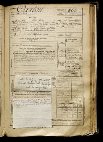 Carton, Alban Paul, né le 21 juin 1883 à Pont-Remy (Somme), classe 1903, matricule n° 863, Bureau de recrutement d'Abbeville