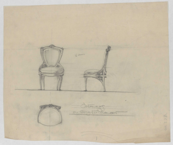 Chaises, de face, de profil et de haut, du Grand Salon de l'Hôtel Bouctot-Vagniez