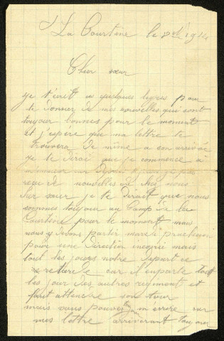 Lettre du soldat Louis Petit adressée à sa soeur depuis le camp militaire de La Courtine (Creuse)