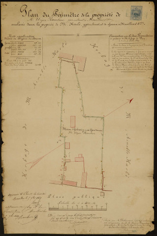 Plan du périmètre de la propriété de M. Ulysse Rambure, propriétaire cultivateur à Morvillers-Saint-Saturnin, au regard des herbages appartenant à M. Aimable Harlé, dressé le 2 septembre 1869, approuvé le 5 septembre 1869