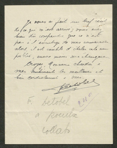 Témoignage de Detobel, Fernand et correspondance avec Jacques Péricard