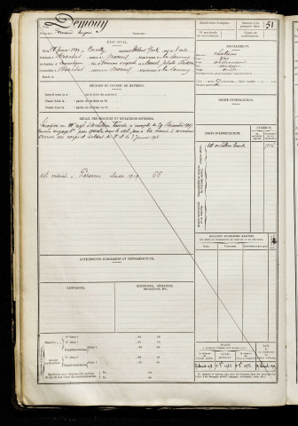 Demouy, Fernand Eugène, né le 28 février 1899 à Cuvilly (Oise), classe 1917, matricule n° néant, Bureau de recrutement de Péronne