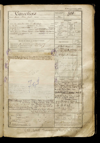 Cauchois, Maurice Adrien Joseph, né le 30 décembre 1899 à Marcelcave (Somme), classe 1919, matricule n° 709, Bureau de recrutement d'Amiens