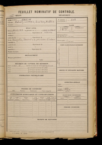 Bazin, Robert Germain Gustave Ruffin, né le 14 juin 1897 à Maizicourt (Somme), classe 1917, matricule n° 809, Bureau de recrutement d'Abbeville