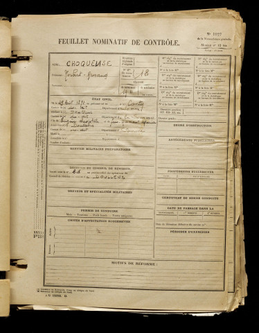 Choqueuse, Norbert Armand, né le 29 août 1891 à Conty (Somme), classe 1911, matricule n° 18, Bureau de recrutement d'Abbeville