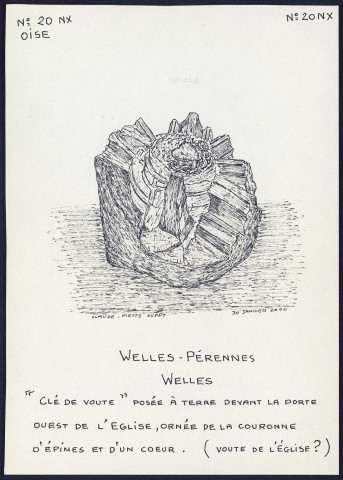 Welles-Pérennes (Welles ,Oise) : clé de voute posée à terre devant la porte ouest de l'église - (Reproduction interdite sans autorisation - © Claude Piette)