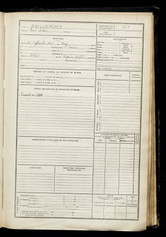 Guillemont, Paul Arthur, né le 12 septembre 1901 à Fay (Somme), classe 1921, matricule n° 721, Bureau de recrutement de Péronne