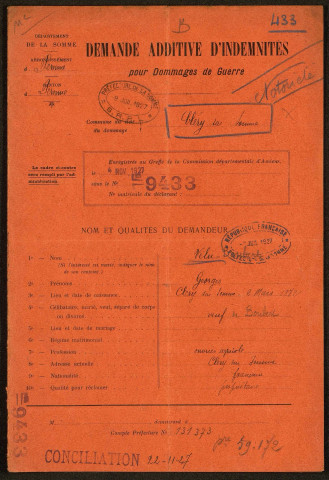Cléry-sur-Somme. Demande d'indemnisation des dommages de guerre : dossier Vélu-Boubert