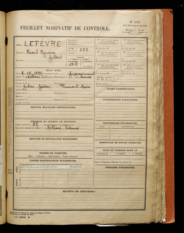 Lefèvre, Raoul Agnaire Gilbert, né le 03 décembre 1892 à Guignemicourt (Somme), classe 1912, matricule n° 652, Bureau de recrutement d'Amiens