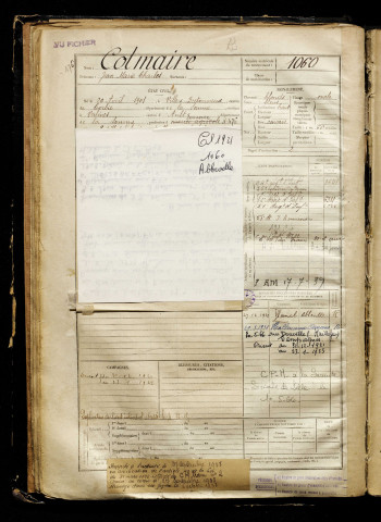 Colmaire, Jean Marie Charles, né le 20 avril 1901 à Villers-Bretonneux (Somme), classe 1921, matricule n° 1060, Bureau de recrutement d'Abbeville