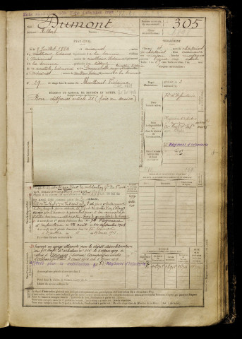 Dumont, Albert, né le 09 juillet 1884 à Airaines (Somme), classe 1904, matricule n° 305, Bureau de recrutement d'Amiens
