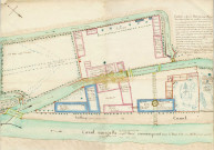 Plan de l'usine "Les-moulins-bleus" avec indication des voies d'eau, des bâtiments, des moulins, des ateliers, des habitations et des jardins