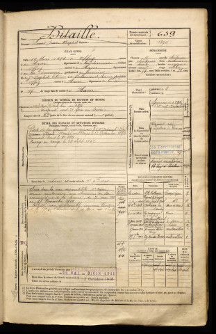 Bitaille, Louis Jean Baptiste, né le 19 mai 1874 à Offoy (Somme), classe 1894, matricule n° 659, Bureau de recrutement de Péronne