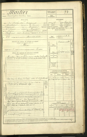 Mortier, Louis Eugène, né le 30 octobre 1860 à Hargicourt (Somme, France), classe 1880, matricule n° 77, Bureau de recrutement de Péronne