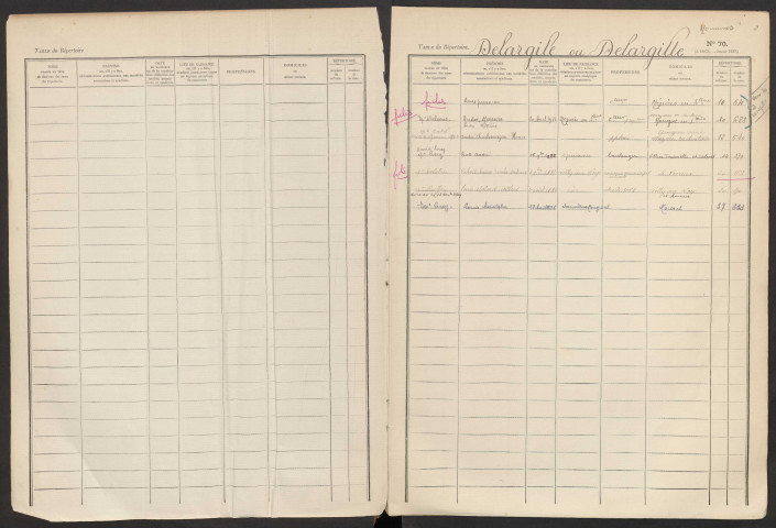 Table du répertoire des formalités, de Delargille à Demoulin, registre n° 11 (Conservation des hypothèques de Montdidier)