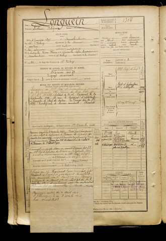 Longuein, Arthur Fulgence Octave, né le 02 janvier 1877 à Mons-Boubert (Somme), classe 1897, matricule n° 1314, Bureau de recrutement d'Abbeville