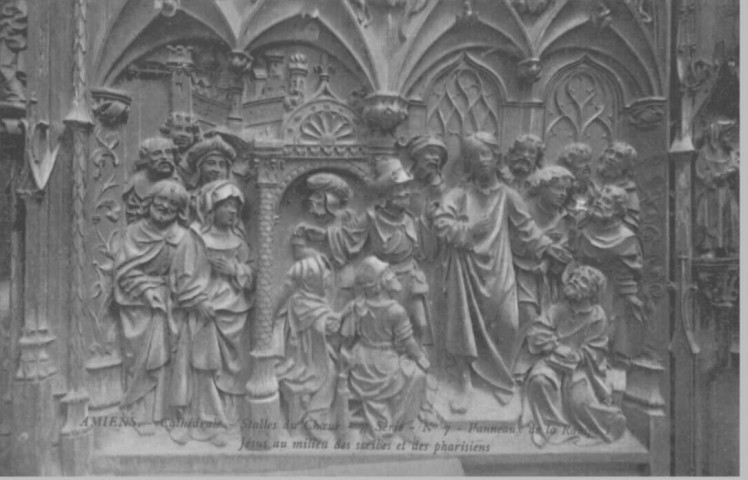 Cathédrale - Stalles du Choeur - 7è série, n° 7 - Panneaux de la Rampe I - 106 - Jésus au milieu des scribes et des pharisiens