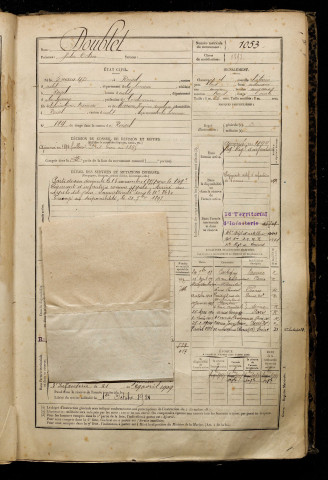 Doublet, Victor Octave, né le 05 mars 1873 à Roisel (Somme), classe 1893, matricule n° 1053, Bureau de recrutement de Péronne