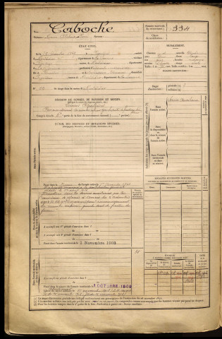 Caboche, Marie Alphonse Henri, né le 25 décembre 1869 à Fignières (Somme), classe 1889, matricule n° 334, Bureau de recrutement de Péronne