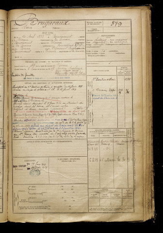 Brugneaux, Pierre, né le 10 avril 1898 à Bouvincourt-en-Vermandois (Somme), classe 1918, matricule n° 879, Bureau de recrutement de Péronne