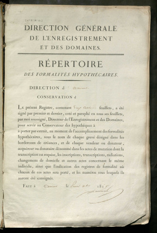 Répertoire des formalités hypothécaires, du 09/08/1826 au 13/01/1827, registre n° 103 (Péronne)