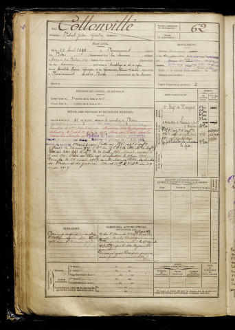 Collonvillé, Robert Jules Gaston, né le 27 avril 1890 à Remiencourt (Somme), classe 1910, matricule n° 62, Bureau de recrutement d'Amiens