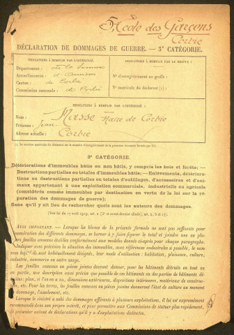 Corbie. Demande d'indemnisation des dommages de guerre : dossier Ville de Corbie (école des garçons)