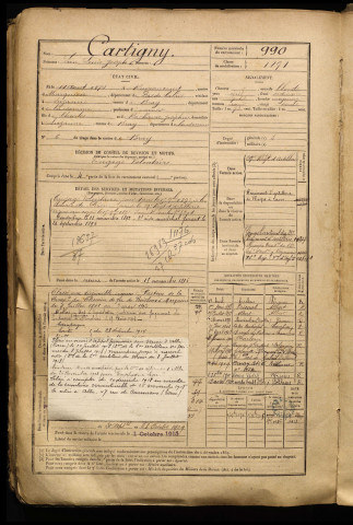 Cartigny, Léon Louis Joseph, né le 14 août 1874 à Rumaucourt (Pas-de-Calais), classe 1894, matricule n° 990, Bureau de recrutement de Péronne