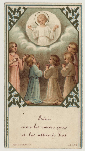 Jésus aime les coeurs purs et les attire à lui. Souvenir de première communion. Souvenir de la communion solennelle de Gérarda Lebel faite en l'église de Sainte-Anne, le 1er juin 1941