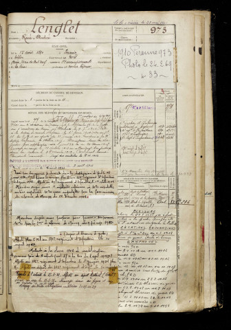 Lenglet, René André, né le 15 août 1890 à Fourmies (Nord), classe 1910, matricule n° 973, Bureau de recrutement de Péronne