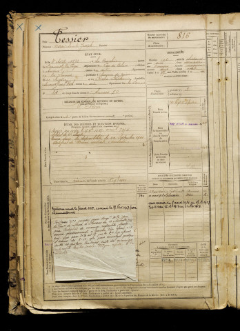 Tessier, Oscar Emile Joseph, né le 03 août 1876 à Cauchie (La) (Pas-de-Calais), classe 1896, matricule n° 816, Bureau de recrutement d'Amiens